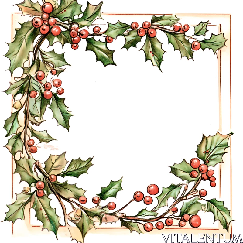 Festive Frame with Holly Leaves and Red Berries AI Image