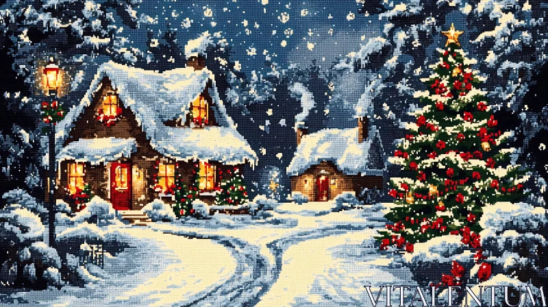 AI ART Cozy Snowy Cottage and Lit Christmas Tree at Night