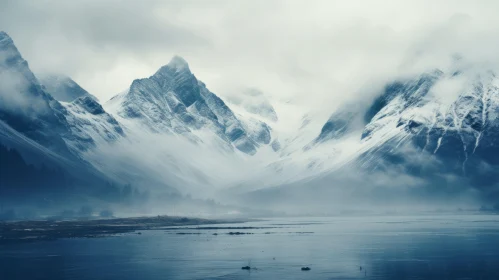 Atmospheric Mountain Landscape in Snow and Mist