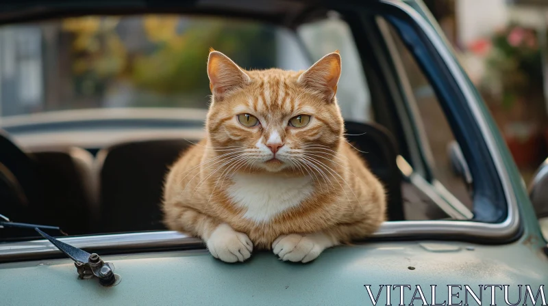 Ginger Cat in Classic Car Window AI Image