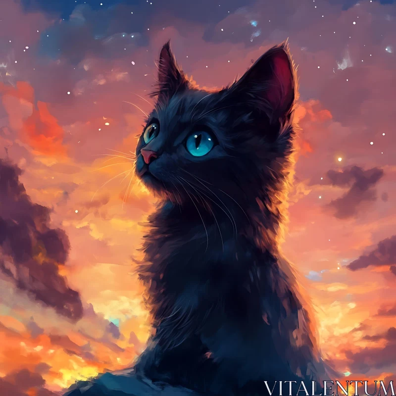 Black Cat at Sunset - Digital Art AI Image