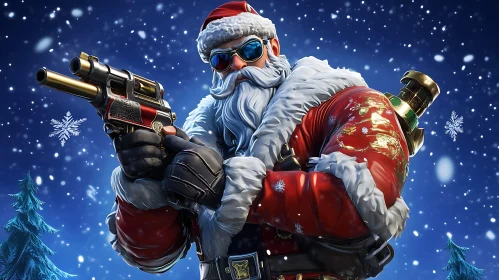 Armed Santa Claus in a Festive Winter Setting