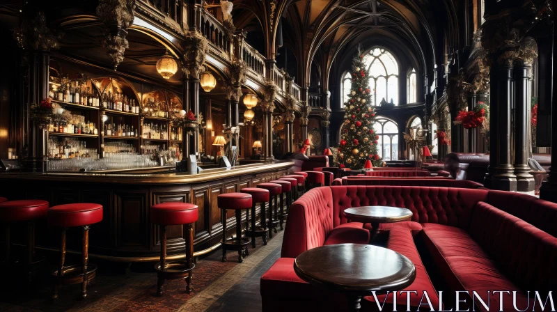 Captivating Gothic Bar with Ornate Wooden Features and Red Velvet Couches AI Image