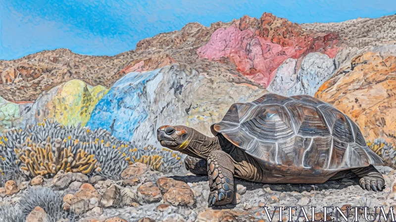 Captivating Nature Photography: Desert Tortoise and Colorful Mountain AI Image