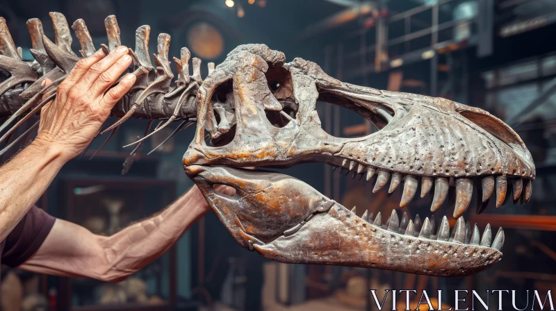 Close-Up Installation of Ancient T-Rex Skull | Pop Culture and Science Infused Art AI Image