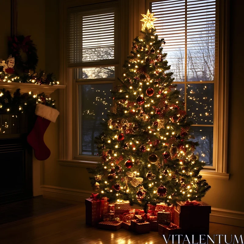 Magical Christmas Tree Decorated with Ornaments and Lights AI Image