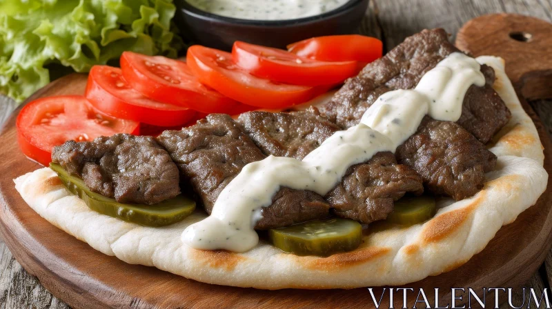 Delicious Close-Up: Pita Bread with Sliced Beef and Tomatoes AI Image