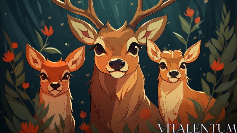 Enchanting Family of Deer in a Lush Forest AI Image