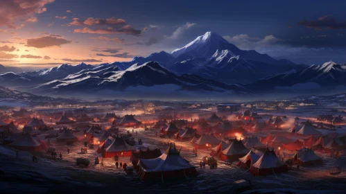 Enchanting Scene of Tents in Snowy Mountains | Oriental Villagecore Art