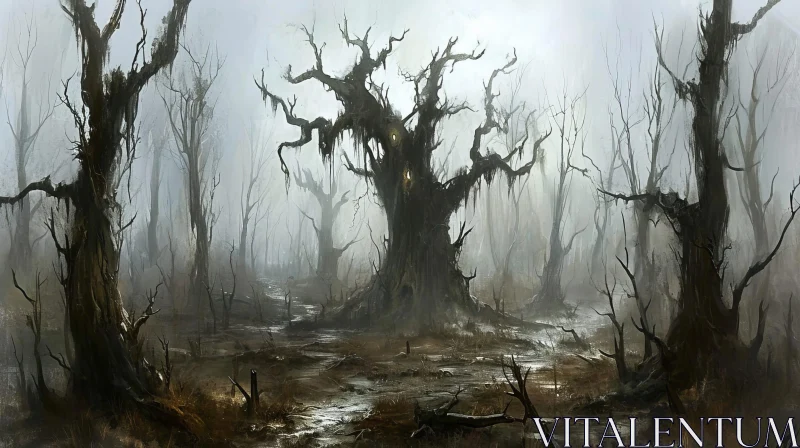 Enigmatic Forest Scene with Twisted Trees and Mysterious Symbols AI Image