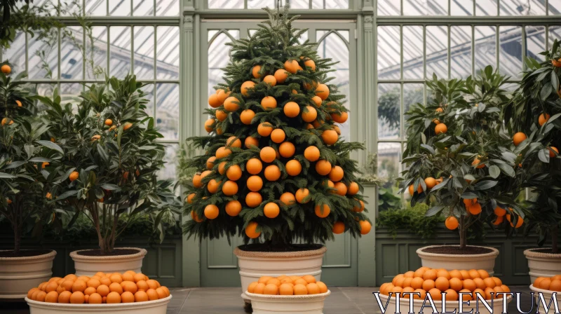 Festive Christmas Tree in a Green Room with Orange Trees AI Image
