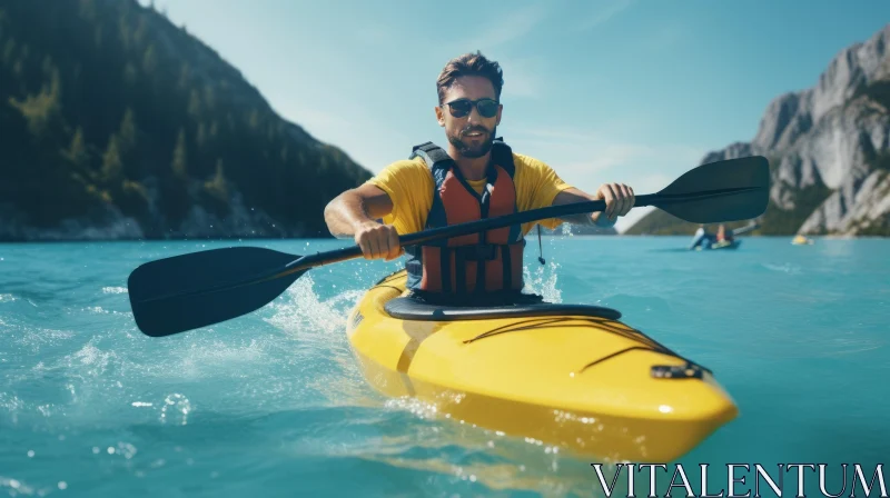 AI ART Man Kayaking on a Lake with Mountains - Outdoor Adventure Scene