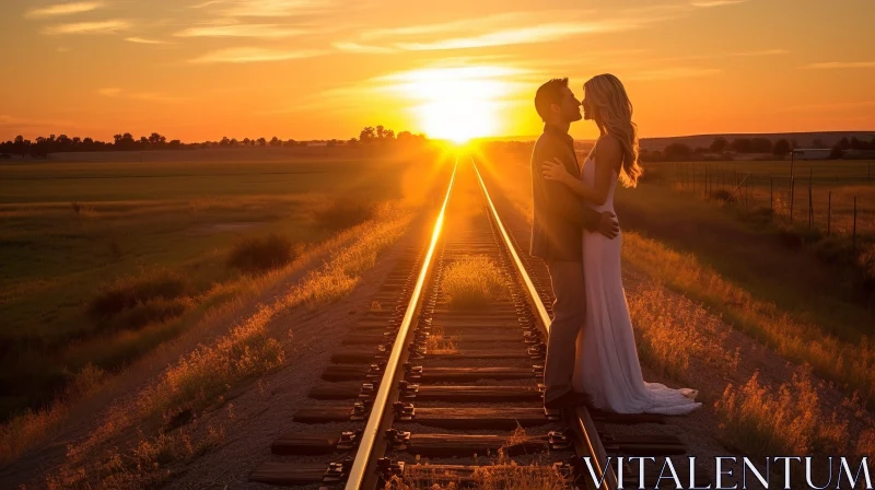 Romantic Wedding Photo on Train Tracks at Sunset AI Image
