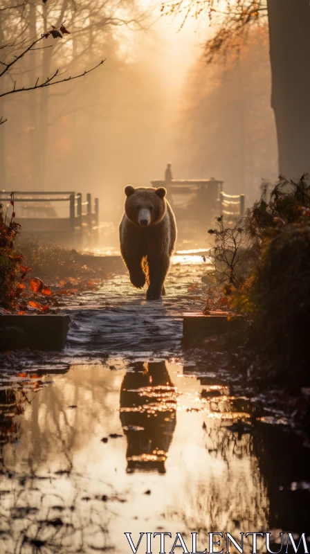 Sunrise Bear Crossing Stream in Autumn Park AI Image