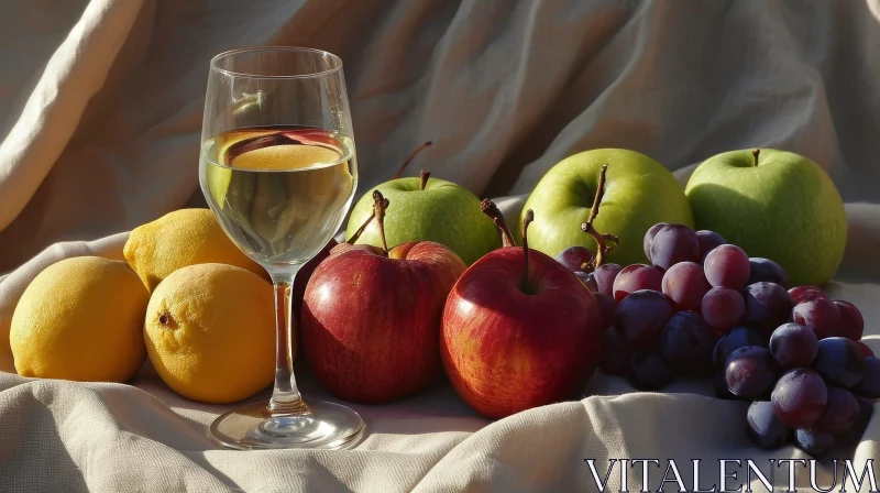Tranquil Still Life: Glass of White Wine with Lemon, Apples, and Grapes AI Image