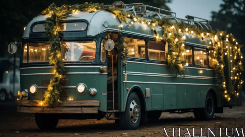 Vintage Bus Adorned with Christmas Lights in a Festive Atmosphere AI Image