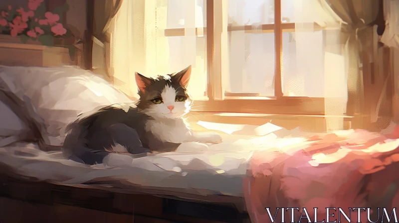 White and Gray Cat on Bed Digital Painting AI Image