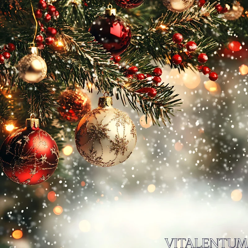 Festive Christmas Decorations on Tree Branches AI Image