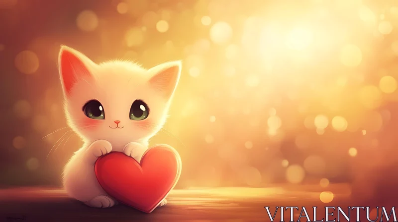 Cute White Kitten with Red Heart AI Image