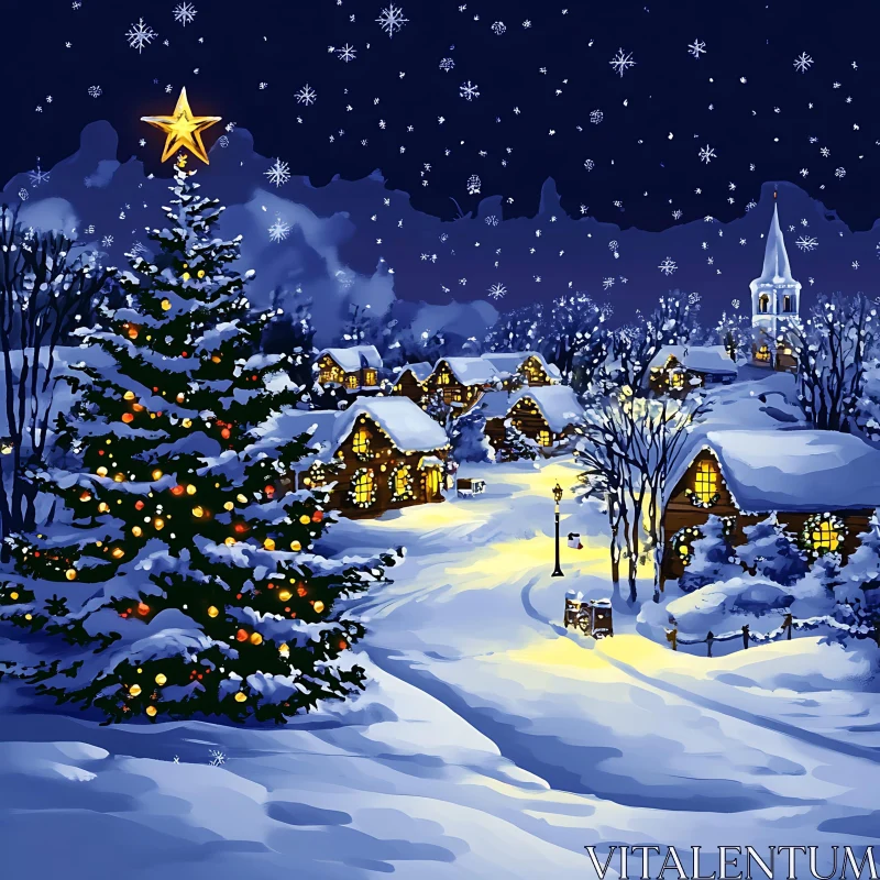 Winter Night in a Snowy Village During Christmas AI Image