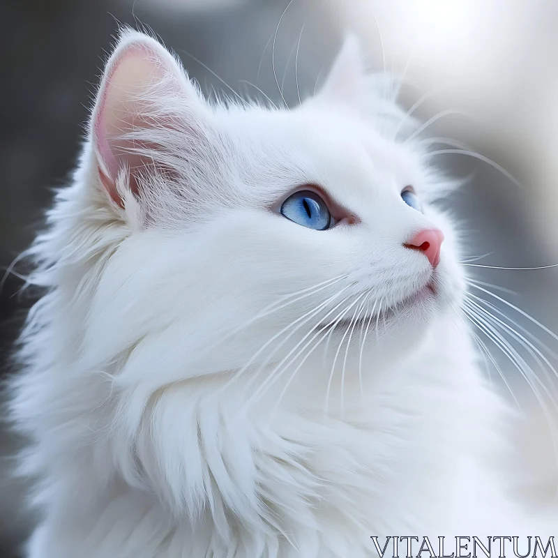 Fluffy White Cat with Blue Eyes in Close-Up AI Image