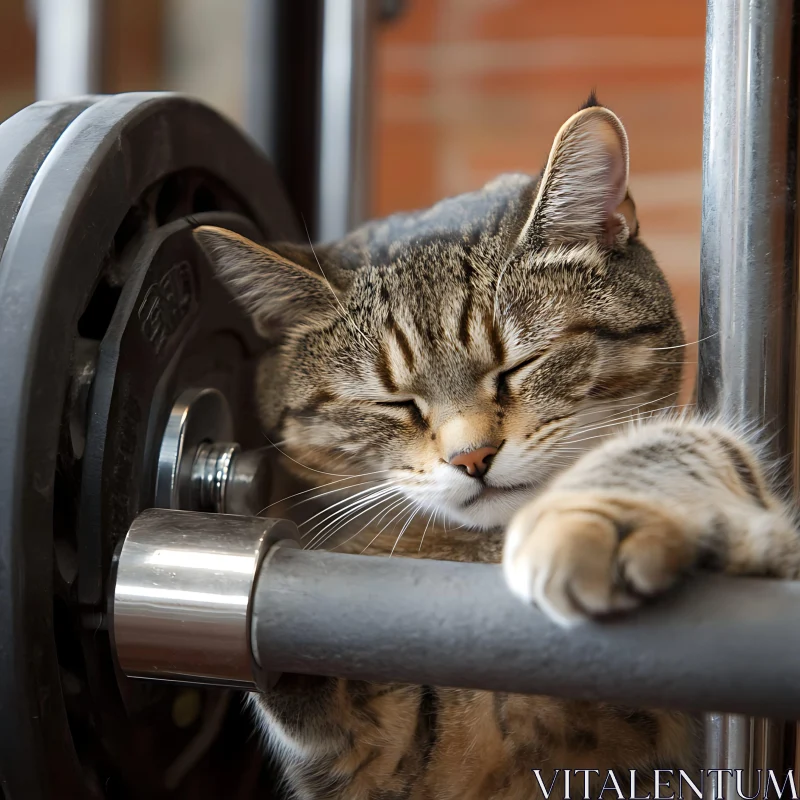 Cute Tabby Cat Resting on Gym Equipment AI Image