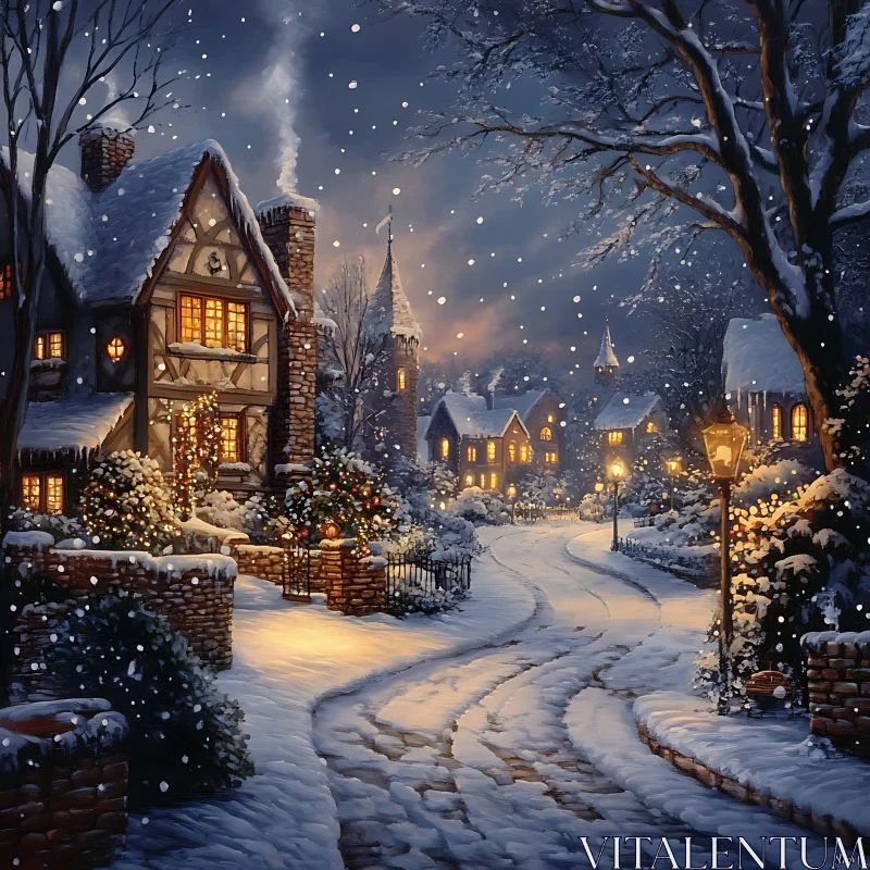 Serene Snowy Night in a Cozy Winter Village AI Image