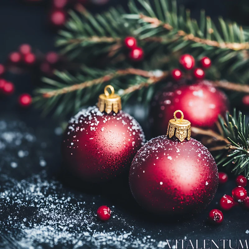 Holiday Baubles with Snow and Pine Decorations AI Image