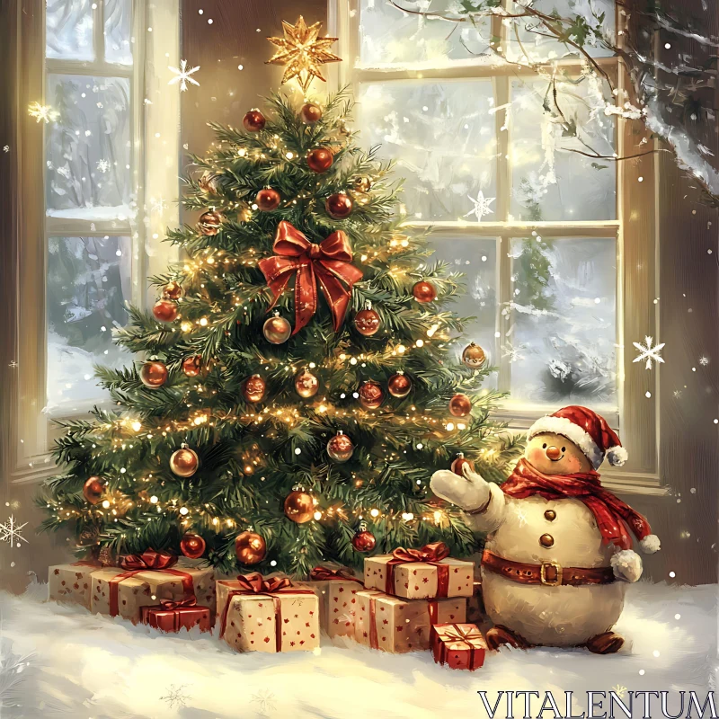 Festive Christmas Tree and Snowman with Presents AI Image