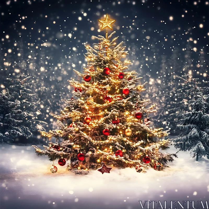 Festive Christmas Tree in Winter Wonderland AI Image