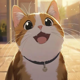 Joyful Anime Cat with Collar in Sunlight