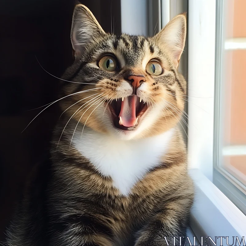 Amusing Tabby Cat with Open Mouth by Window AI Image