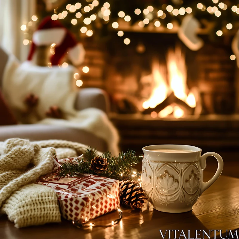 Warm Holiday Setting with Gifts and Hot Beverage AI Image