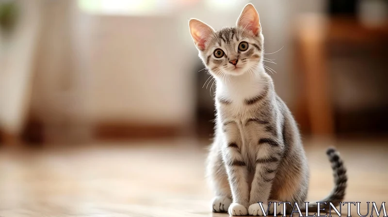 Cute Striped Kitten on Wooden Floor AI Image