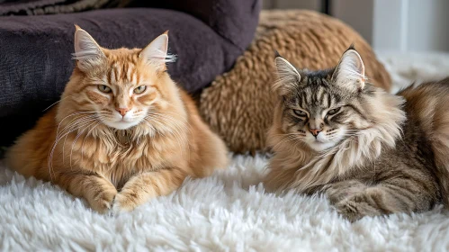 Pair of Fluffy Cats Resting Indoors