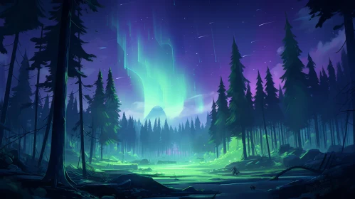 Aurora Borealis Over Forest - Mysterious Cosmic Landscape Illustration