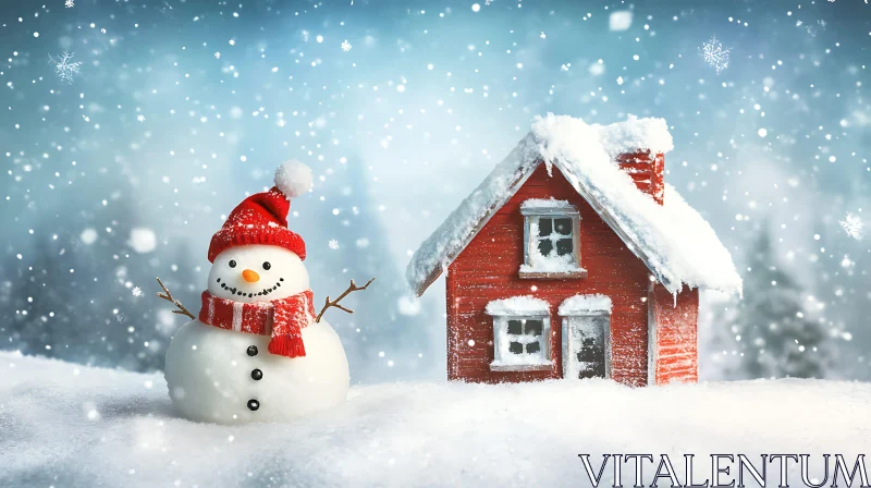 AI ART Snowman by a Cozy Red Cabin in Winter