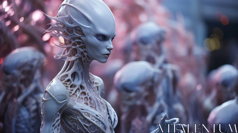 Enigmatic Alien Woman Portrait Among Group of Extraterrestrial Beings AI Image