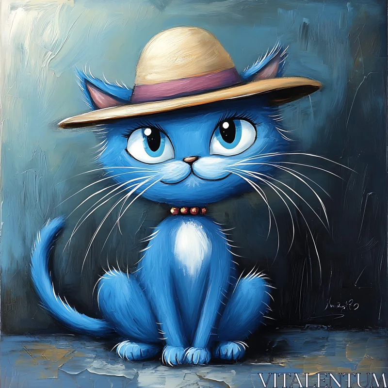 Stylized Blue Cat Wearing a Hat AI Image