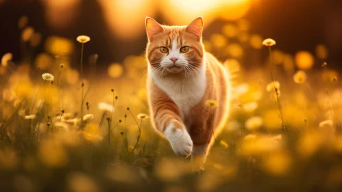 Graceful Ginger Cat in Field of Yellow Flowers