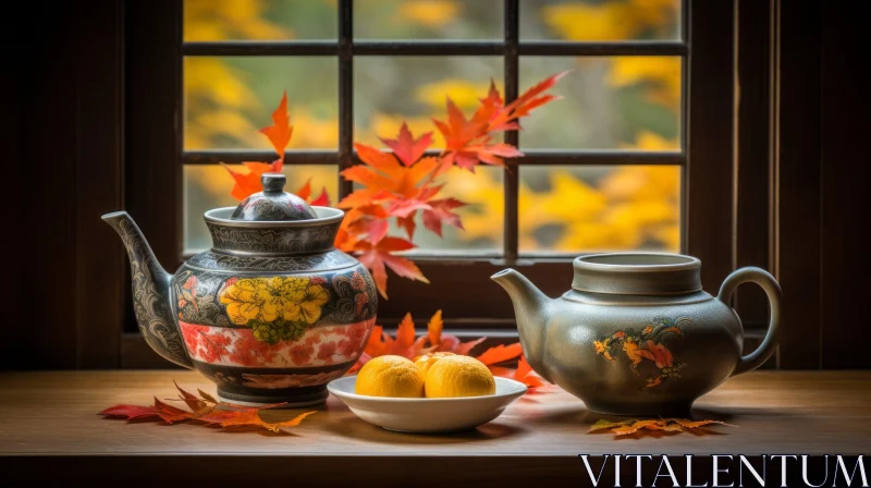 Japanese Photography: Vibrant Teapot on Windowsill with Leaf Patterns AI Image
