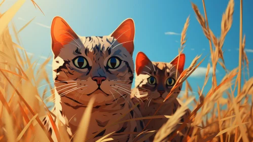 Majestic Cats in Grass under Blue Sky