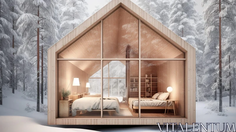 Snowy Forest Wooden Cabin Retreat AI Image