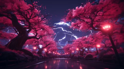 Spectacular Cherry Blossoms Amid Lightning: A Vivid Street Scene