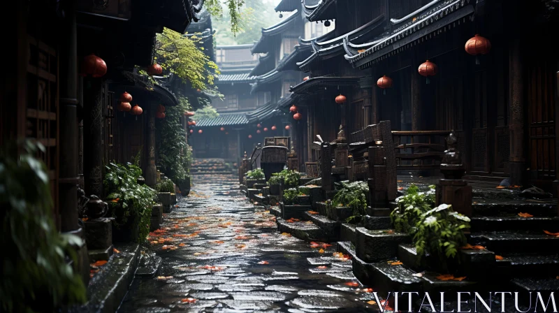 Tranquil Rainy Scene: Old Asian Houses in Chinese Tradition AI Image