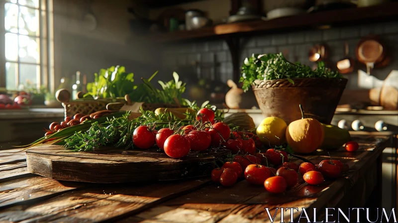 Vibrant Still Life: Wooden Table with Fresh Vegetables and Fruits AI Image
