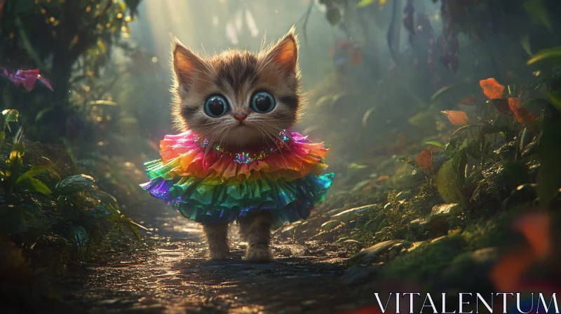 Charming Kitty in Colorful Dress in Woodland AI Image