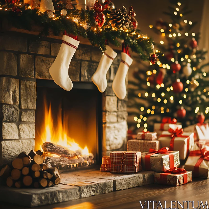 Festive Fireplace and Christmas Tree AI Image