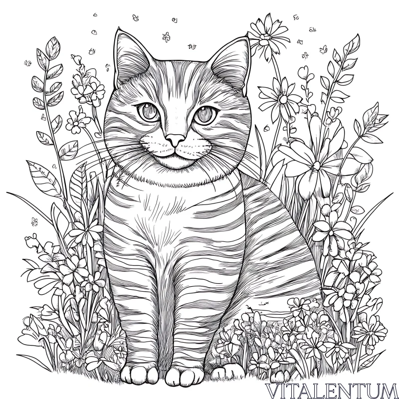 Illustration of a Cat in a Flower Garden AI Image