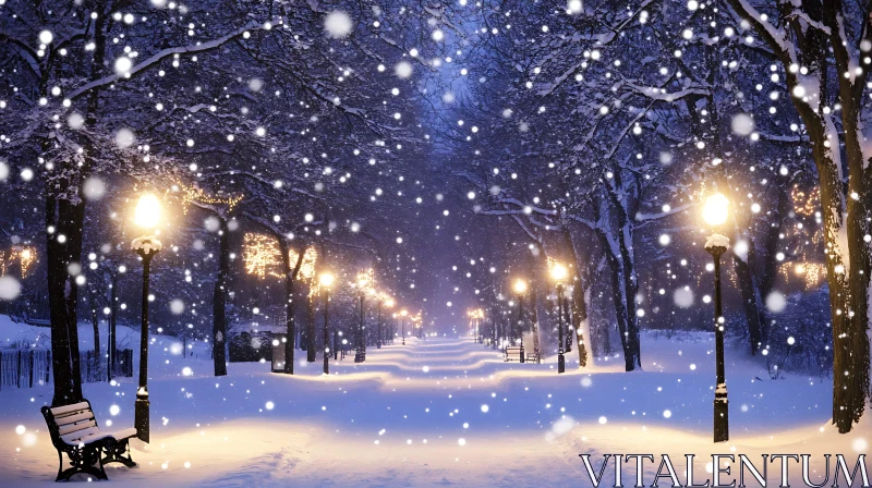 Evening Snowfall in a Tranquil Winter Park AI Image